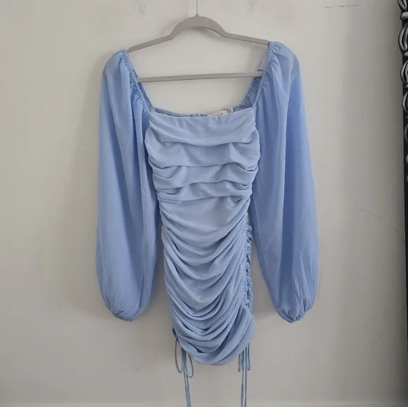 Hello Molly baby blue long balloon sleeve ruched mini bodycon dress nwt - Picture 7 of 11